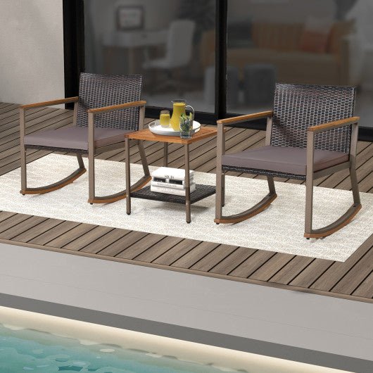  - 3 Pieces Rattan Rocking Bistro Set with Coffee Table and Cushions - Outdoor Style Company