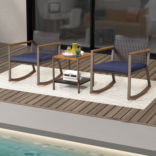  - 3 Pieces Rattan Rocking Bistro Set with Coffee Table and Cushions - Outdoor Style Company