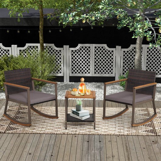  - 3 Pieces Rattan Rocking Bistro Set with Coffee Table and Cushions - Outdoor Style Company