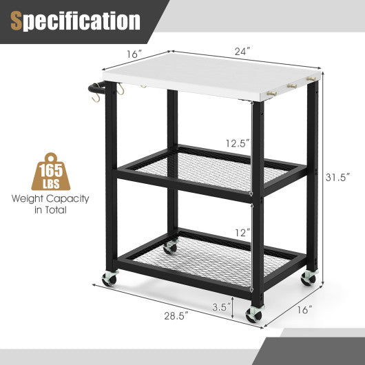  - 3 - Tier Foldable Outdoor Stainless Steel Food Prepare Dining Cart Table on Wheels - Outdoor Style Company