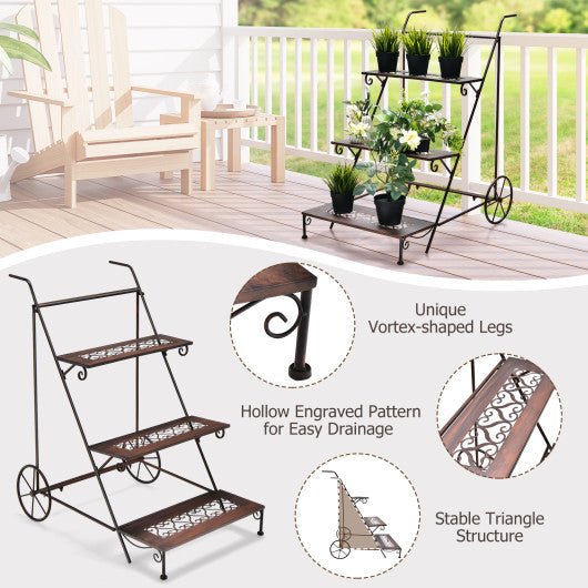  - 3 - Tier Metal Plant Stand with Wheels and Handle for Balcony - Outdoor Style Company