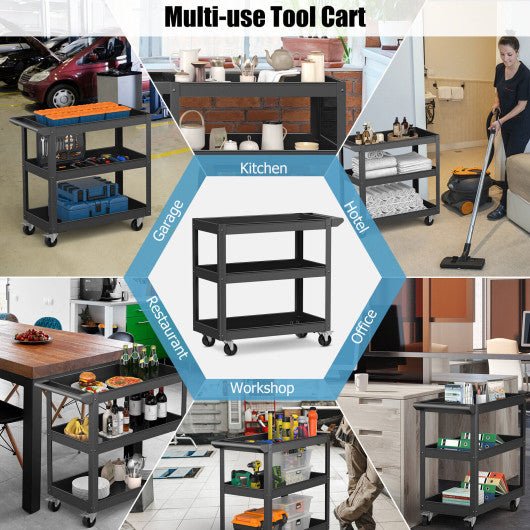  - 3 - Tier Metal Utility Cart Trolley Tool with Flat Handle and 2 Lockable Universal Wheels - Outdoor Style Company