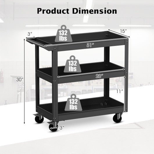  - 3 - Tier Metal Utility Cart Trolley Tool with Flat Handle and 2 Lockable Universal Wheels - Outdoor Style Company