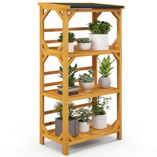  - 3 - Tier Wooden Plant Stand with Weatherproof Asphalt Roof for Patio - Outdoor Style Company