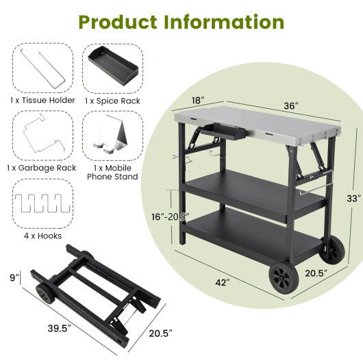  - 3 Tiers Foldable Outdoor Cart on 2 Wheels with Phone Holder - Outdoor Style Company