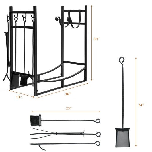  - 30 Inch Firewood Rack with 4 Tool Set Kindling Holders for Indoor and Outdoor - Outdoor Style Company