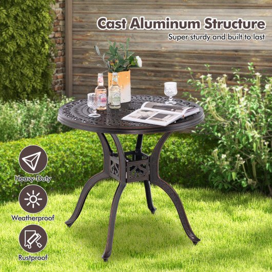  - 31.5 Inch Cast Aluminum Table Patio Round Dining Table with Umbrella Hole - Copper - Outdoor Style Company