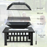  - 32 Inch 3 in 1 Outdoor Square Fire Pit Table with BBQ Grill and Rain Cover for Camping - Outdoor Style Company