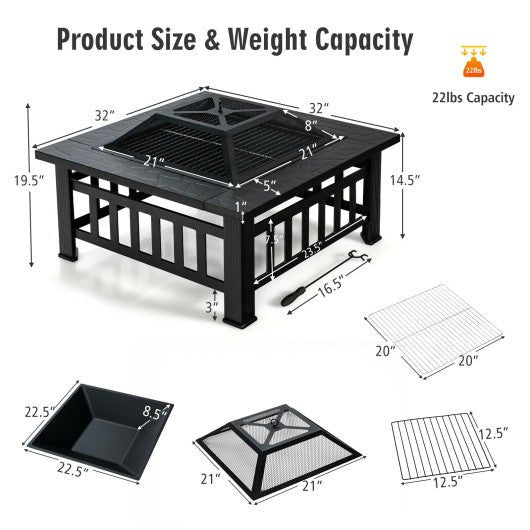  - 32 Inch 3 in 1 Outdoor Square Fire Pit Table with BBQ Grill and Rain Cover for Camping - Outdoor Style Company