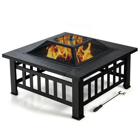  - 32 Inch 3 in 1 Outdoor Square Fire Pit Table with BBQ Grill and Rain Cover for Camping - Outdoor Style Company