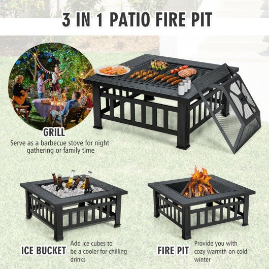  - 32 Inch 3 in 1 Outdoor Square Fire Pit Table with BBQ Grill and Rain Cover for Camping - Outdoor Style Company