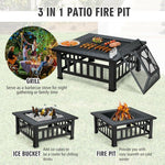  - 32 Inch 3 in 1 Outdoor Square Fire Pit Table with BBQ Grill and Rain Cover for Camping - Outdoor Style Company