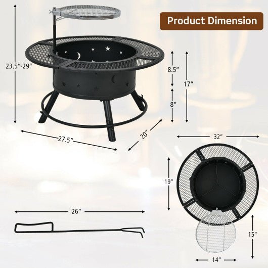  - 32 - Inch Outdoor Wood Burning Fire Pit with 360°Swivel BBQ Grate - Outdoor Style Company