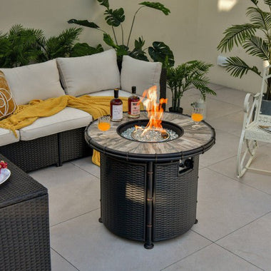  - 32 Inch Patio Round 30000 BTU Propane Fire Pit Table with Fire Glasses and PVC Cover - Outdoor Style Company