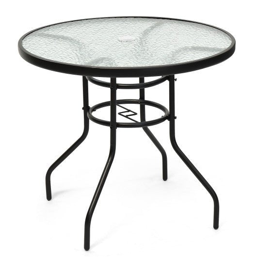  - 32 Inch Patio Tempered Glass Steel Frame Round Table with Convenient Umbrella Hole - Outdoor Style Company