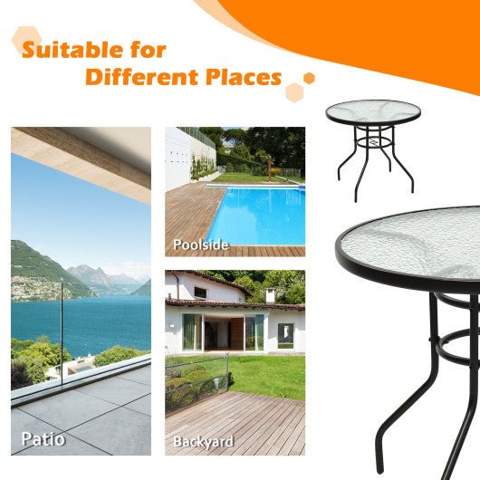  - 32 Inch Patio Tempered Glass Steel Frame Round Table with Convenient Umbrella Hole - Outdoor Style Company