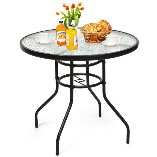  - 32 Inch Patio Tempered Glass Steel Frame Round Table with Convenient Umbrella Hole - Outdoor Style Company