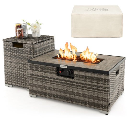  - 32 x 20 Inch Propane Rattan Fire Pit Table Set with Side Table Tank and Cover - Outdoor Style Company