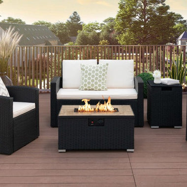  - 32 x 20 Inch Propane Rattan Fire Pit Table Set with Side Table Tank and Cover - Outdoor Style Company