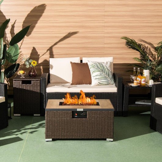  - 32 x 20 Inch Propane Rattan Fire Pit Table Set with Side Table Tank and Cover - Outdoor Style Company