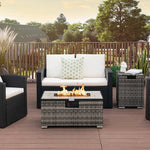  - 32 x 20 Inch Propane Rattan Fire Pit Table Set with Side Table Tank and Cover - Outdoor Style Company