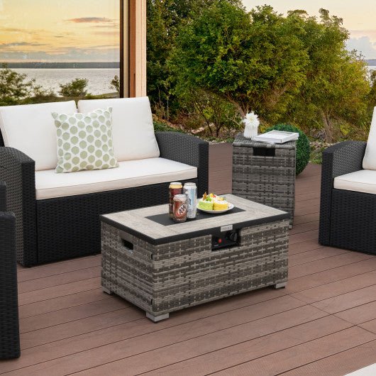  - 32 x 20 Inch Propane Rattan Fire Pit Table Set with Side Table Tank and Cover - Gray - Outdoor Style Company