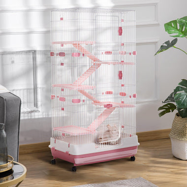 AOSOM-32"L 6-Level Small Animal Cage, Bunny Cage with Universal Lockable Wheels & Slide-out Tray for Bunny, Chinchillas & Ferret, Pink - Outdoor Style Company