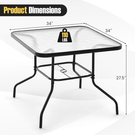  - 34 Inch Outdoor Dining Table Square Tempered Glass Table with 1.5 Inch Umbrella Hole - Outdoor Style Company