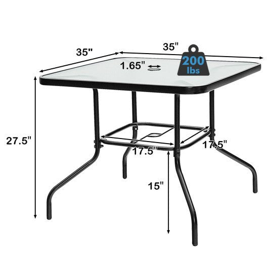  - 35 Inch Patio Dining Square Tempered Glass Table with Umbrella Hole - Outdoor Style Company