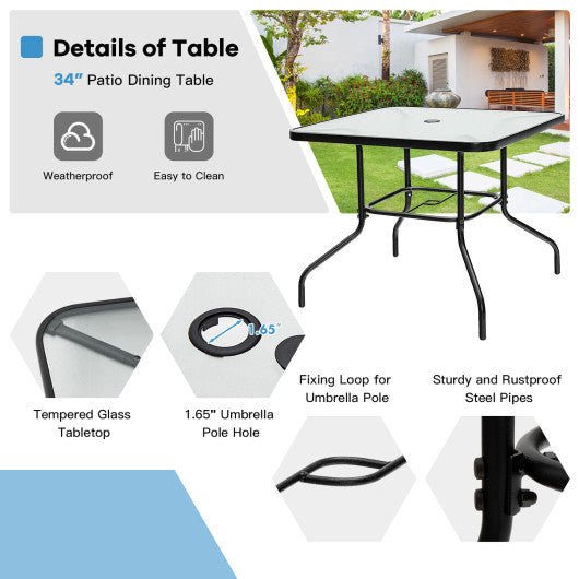  - 35 Inch Patio Dining Square Tempered Glass Table with Umbrella Hole - Outdoor Style Company