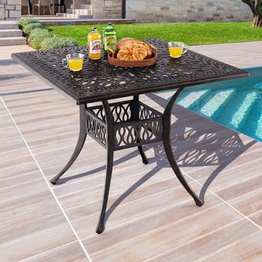  - 35.4 Inch Aluminum Patio Square Dining Table with Umbrella Hole - Bronze - Outdoor Style Company