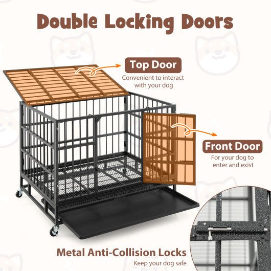  - 38 Inch Foldable Heavy - Duty Metal Dog Cage with Lockable Rolling Casters and Tray - 38 inches - Outdoor Style Company