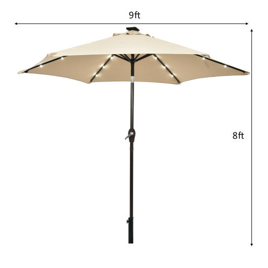 9 Feet Solar LED Lighted Patio Market Umbrella Tilt Adjustment Crank Lift-Beige