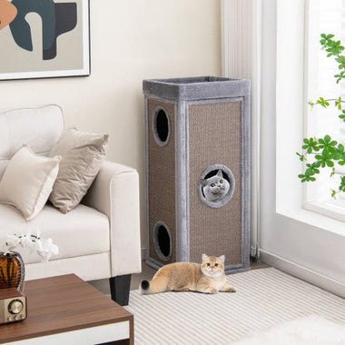  - 39 Inch Tall Cat Condo with Scratching Posts and 3 Hideaways and 4 Soft Plush Cushions - Outdoor Style Company