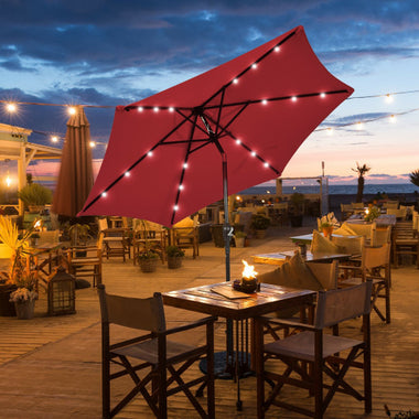 9 Feet Solar LED Lighted Patio Market Umbrella Tilt Adjustment Crank Lift-Dark Red