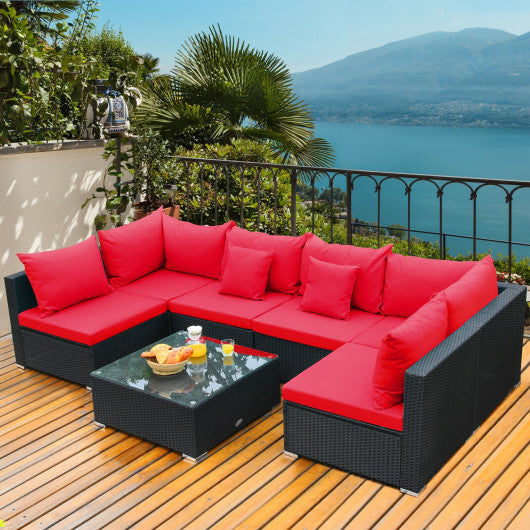  - 7 Pieces Sectional Wicker Furniture Sofa Set with Tempered Glass Top - Outdoor Style Company