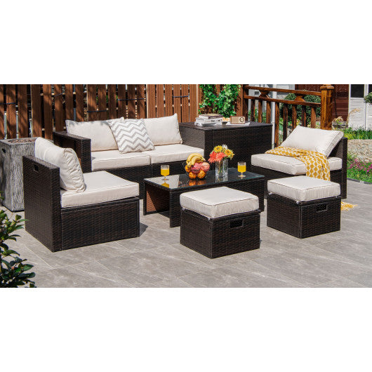  - 8 Pieces Patio Space - Saving Rattan Furniture Set with Storage Box and Waterproof Cover - Outdoor Style Company