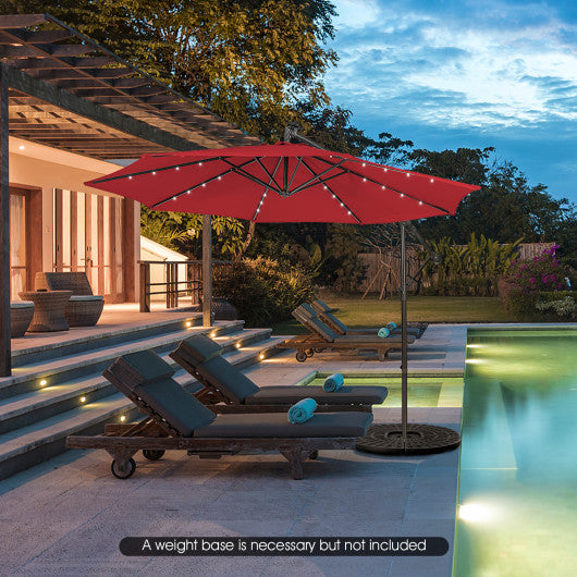 10 Feet Patio Solar Powered Cantilever Umbrella with Tilting System-Red