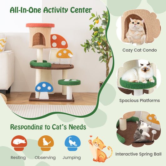  - 4 - In - 1 Mushroom Cat Tree with Condo Spring Ball and Sisal Posts - Outdoor Style Company