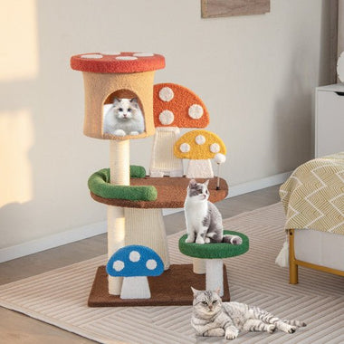  - 4 - In - 1 Mushroom Cat Tree with Condo Spring Ball and Sisal Posts - Outdoor Style Company