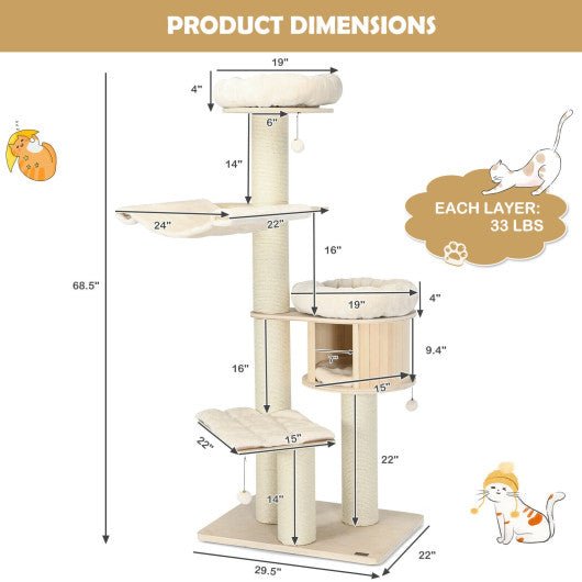  - 4 - Layer 68.5 - Inch Wooden Cat Tree Condo Activity Tower with Sisal Posts - Outdoor Style Company