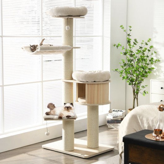  - 4 - Layer 68.5 - Inch Wooden Cat Tree Condo Activity Tower with Sisal Posts - Outdoor Style Company