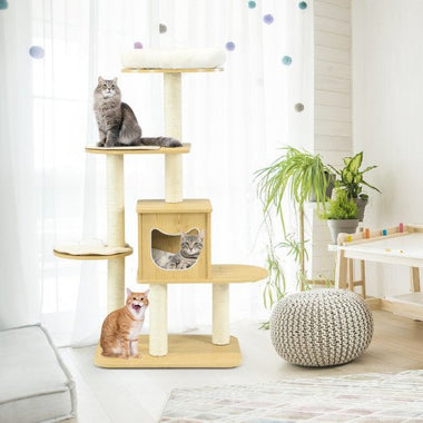  - 4 Levels Modern Wood Cat Tower with Washable Mats - Outdoor Style Company