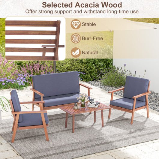  - 4 Piece Outdoor Acacia Wood Conversation Set with Soft Seat and Back Cushions - Outdoor Style Company