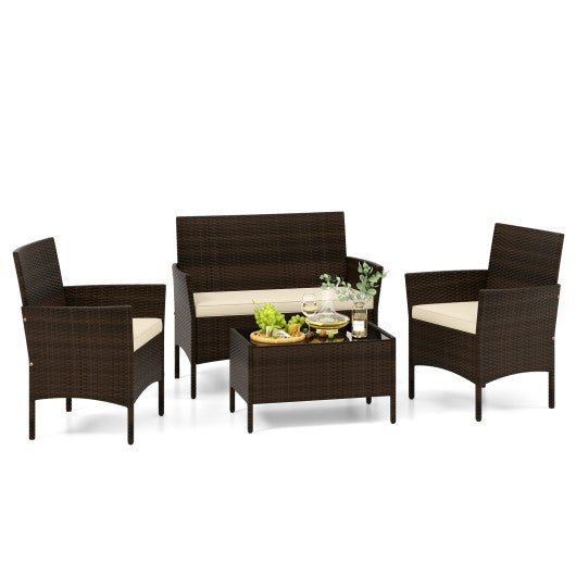  - 4 Piece Patio Rattan Conversation Set with Cozy Seat Cushions - Outdoor Style Company