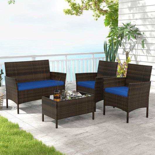  - 4 Piece Patio Rattan Conversation Set with Cozy Seat Cushions - Outdoor Style Company