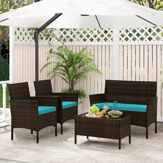  - 4 Piece Patio Rattan Conversation Set with Cozy Seat Cushions - Outdoor Style Company