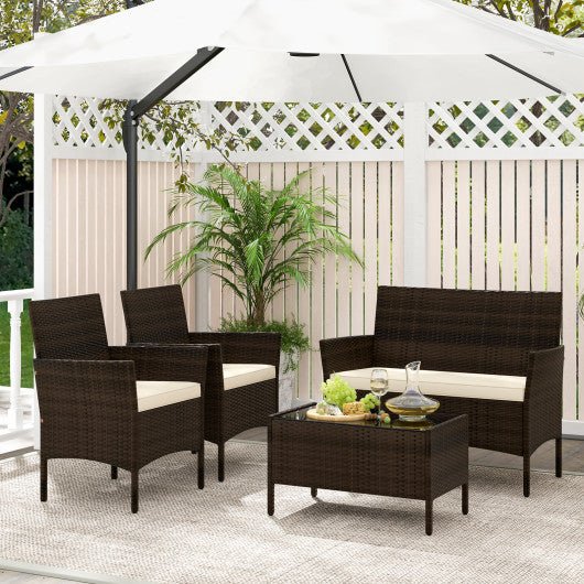  - 4 Piece Patio Rattan Conversation Set with Cozy Seat Cushions - Outdoor Style Company