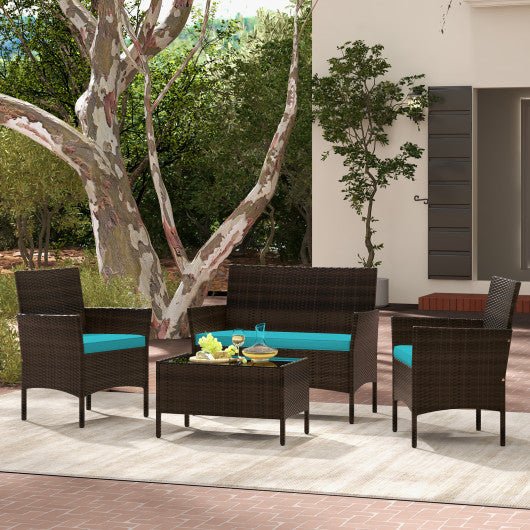  - 4 Piece Patio Rattan Conversation Set with Cozy Seat Cushions - Outdoor Style Company