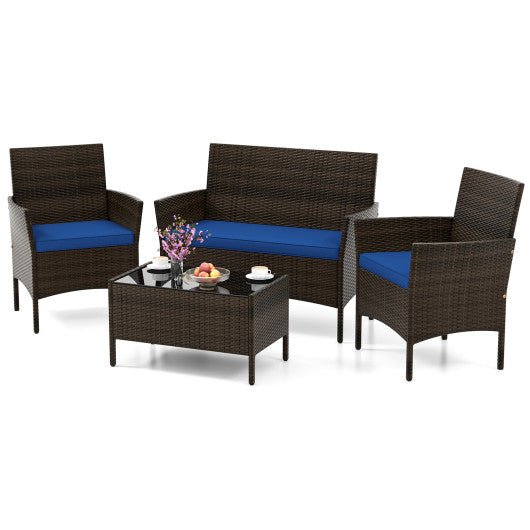  - 4 Piece Patio Rattan Conversation Set with Cozy Seat Cushions - Outdoor Style Company